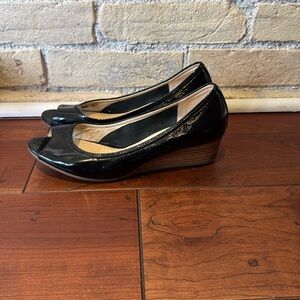 Cole Haan Black Patent Malta Peep-Toe Wedge Shoes